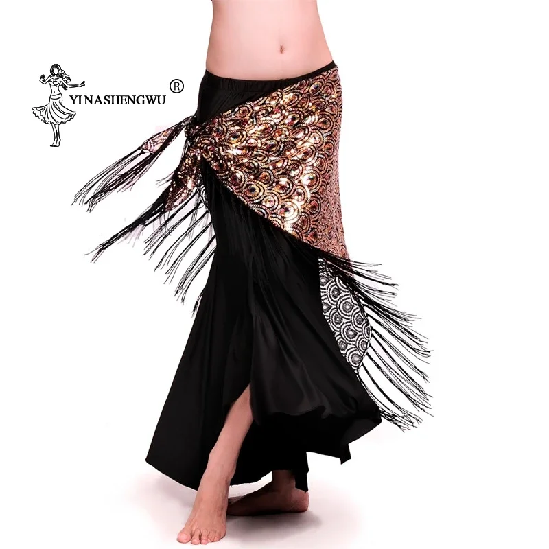 4 cores feminino dança do ventre traje acessórios cinto hip cachecol lantejoulas borla adulto dança do ventre longo quadril cachecol cintura envoltório saia nova