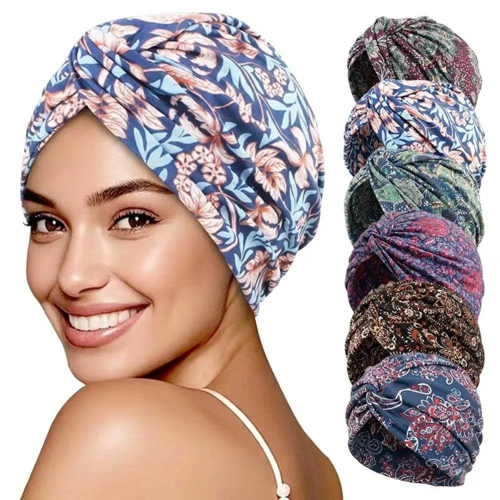 Retro Floral Print Women Turban Hat Elastic Breathable Hijab Scarf African Islamic Hair Loss Hat Chemo Islamic Arab Cap Hat