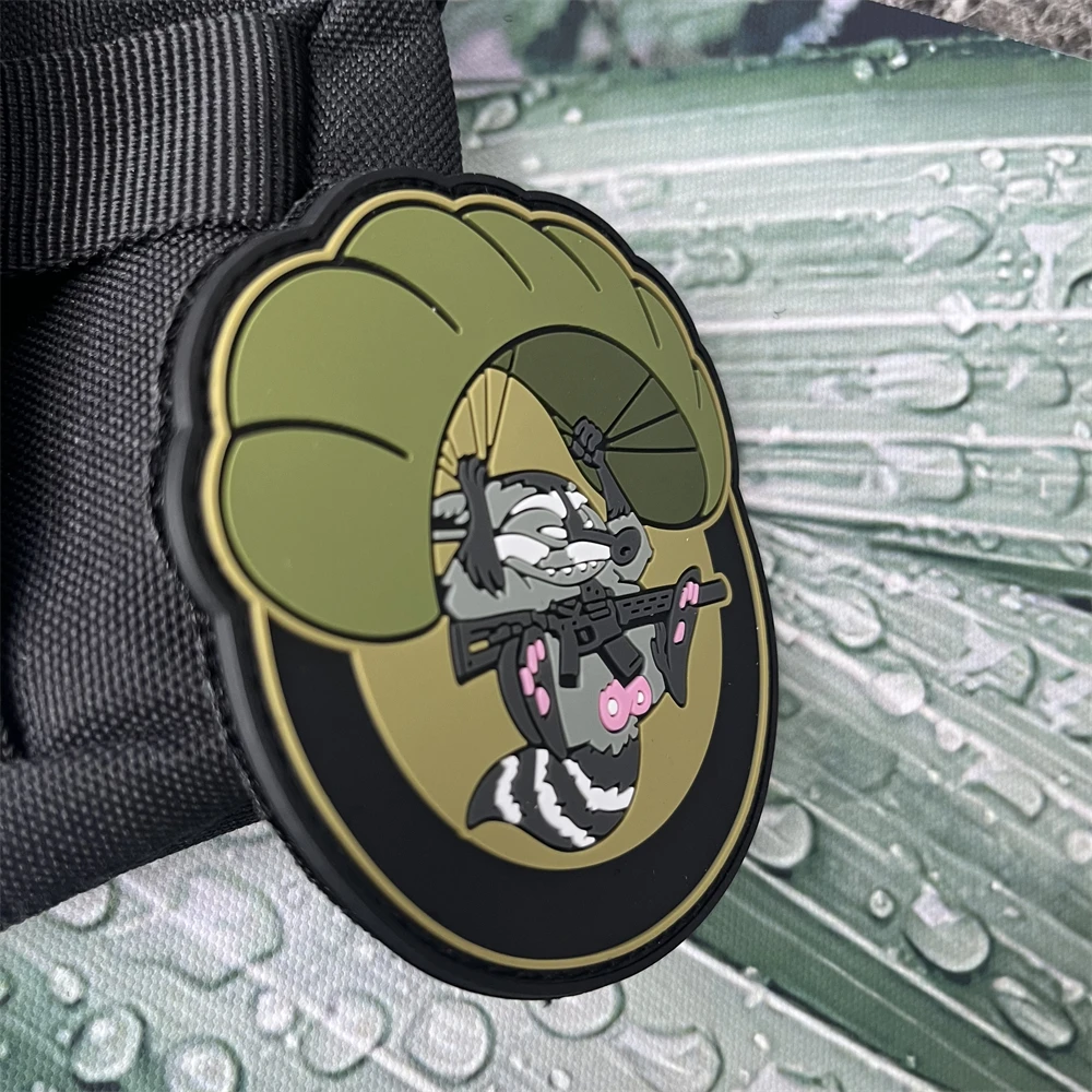 Raccoon Skydiving Tactical Patches PVC Morale Badge Backpack Hook and Loop Decoration Military Army Stickers