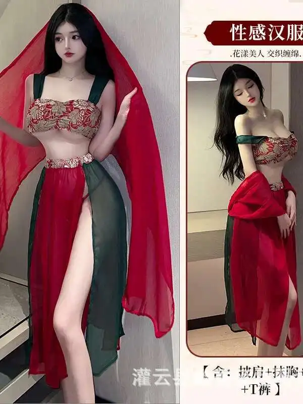 สไตล์จีนชุดยาวสีแดงแฟชั่นตาข่าย Sheer โปร่งใสเซ็กซี่ Hanfu Uniform Temptation โบราณสไตล์ผู้หญิงชุด 6GMW