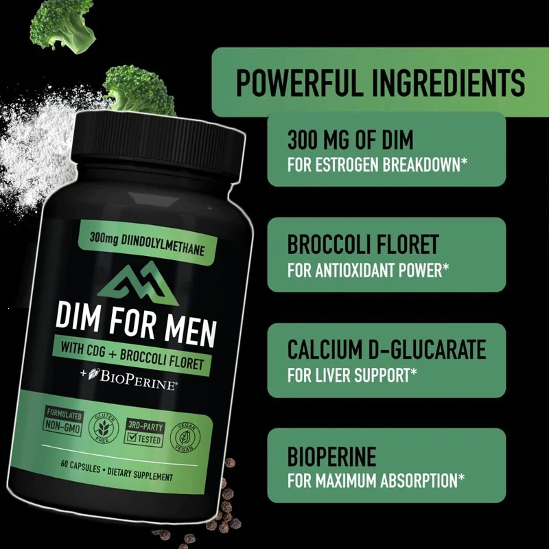 Male DIM supplement capsules support estrogen balance, healthy metabolism, muscle growth, and contain broccoli BIOPERINE