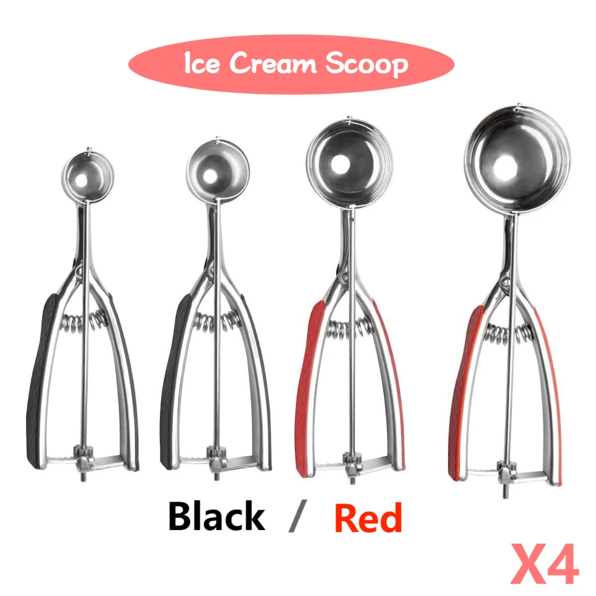 4PCS Ice Cream Scoop Stainless Steel Black Red with Trigger Release Extra-Large Large Medium Small Cookie Spoon for Fruit Muffin