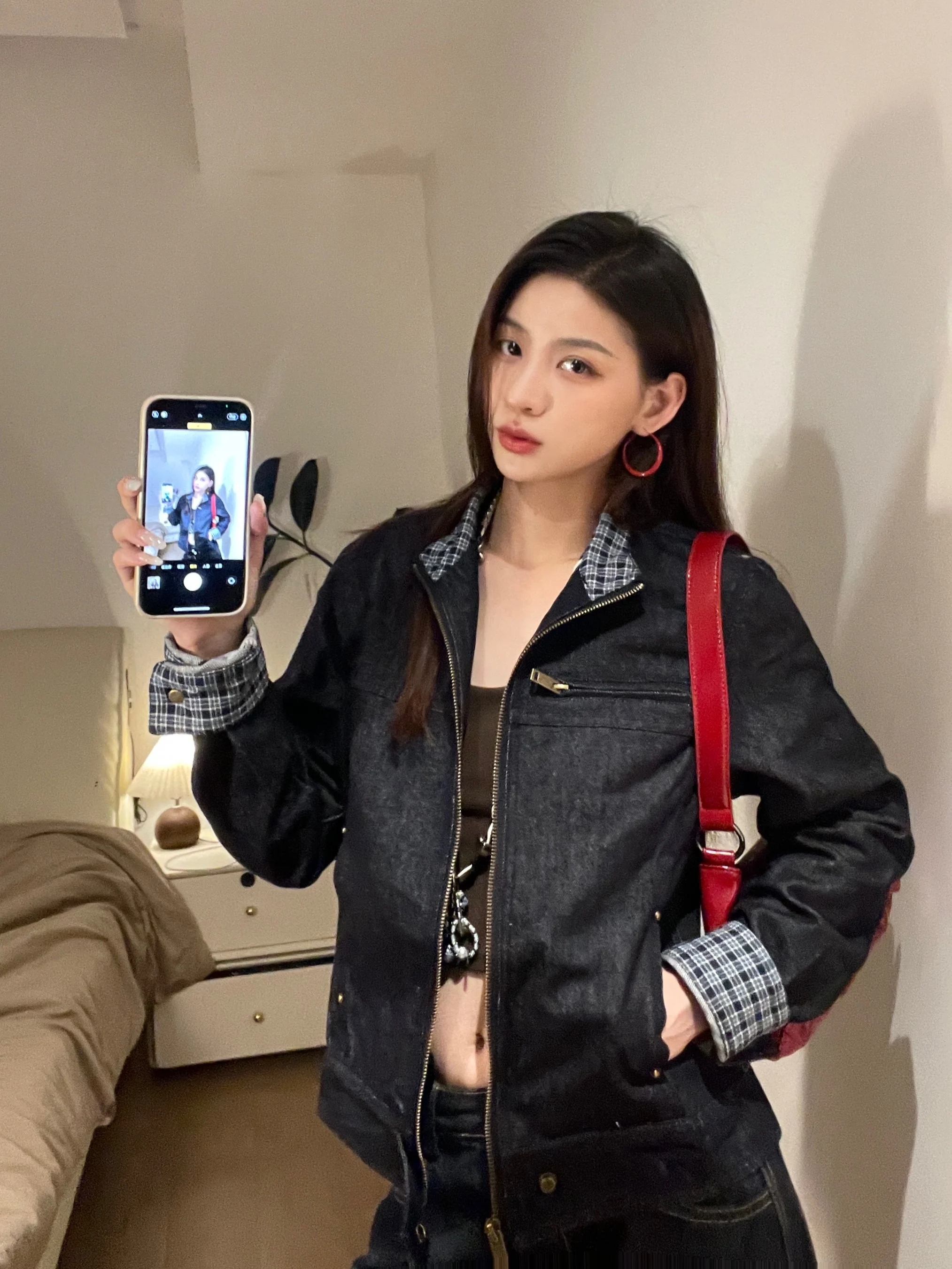Blue Denim Plaid Splicing Short Jeans Jacket Women's Style Casual Standard Fit Anti-Wrinkle Zipper Closure Fashionable Jacket