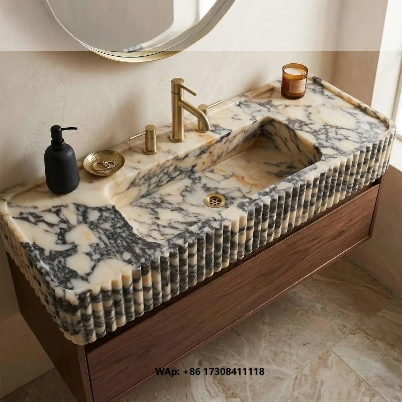 Floating Vanity Calacatta Viola Marble Sink Wall Mounted Fluted Bathroom Handcraved Stone Washbasin for Villa House Home