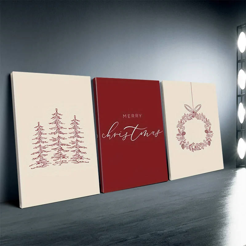 Set of 3 Christmas canvas wall murals, simple redwood, wreath and 