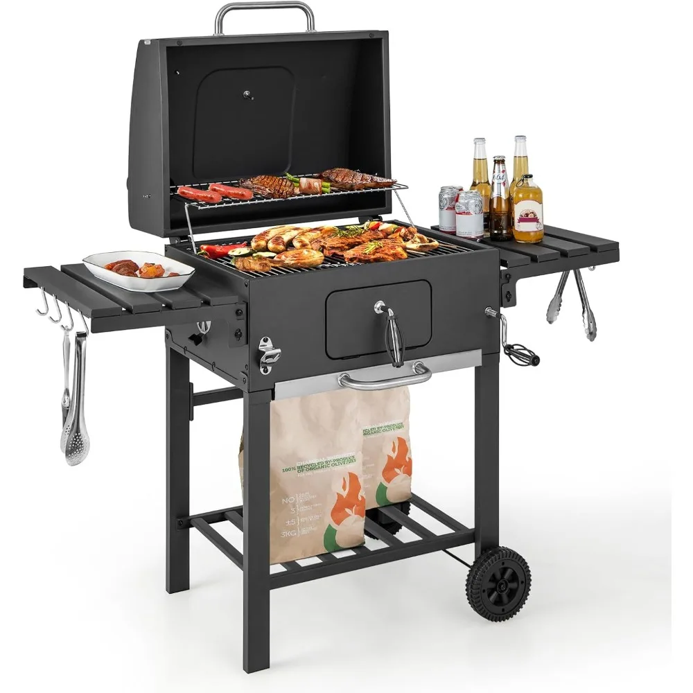 

24-Inch Folding Side Table Charcoal Grill with Bottom Storage, Adjustable Tray, and Pull-Out Ash Bin