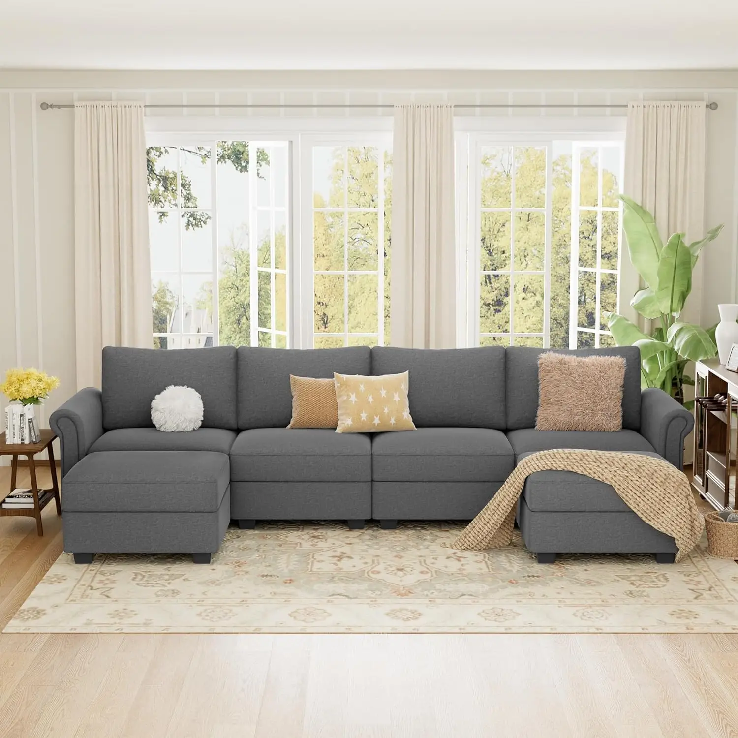 Modular Sectional Sofa Couch with Storage Space Underneath Ottoman & Rolled Armrest Design, Wood Frame Seat with Dual Spring