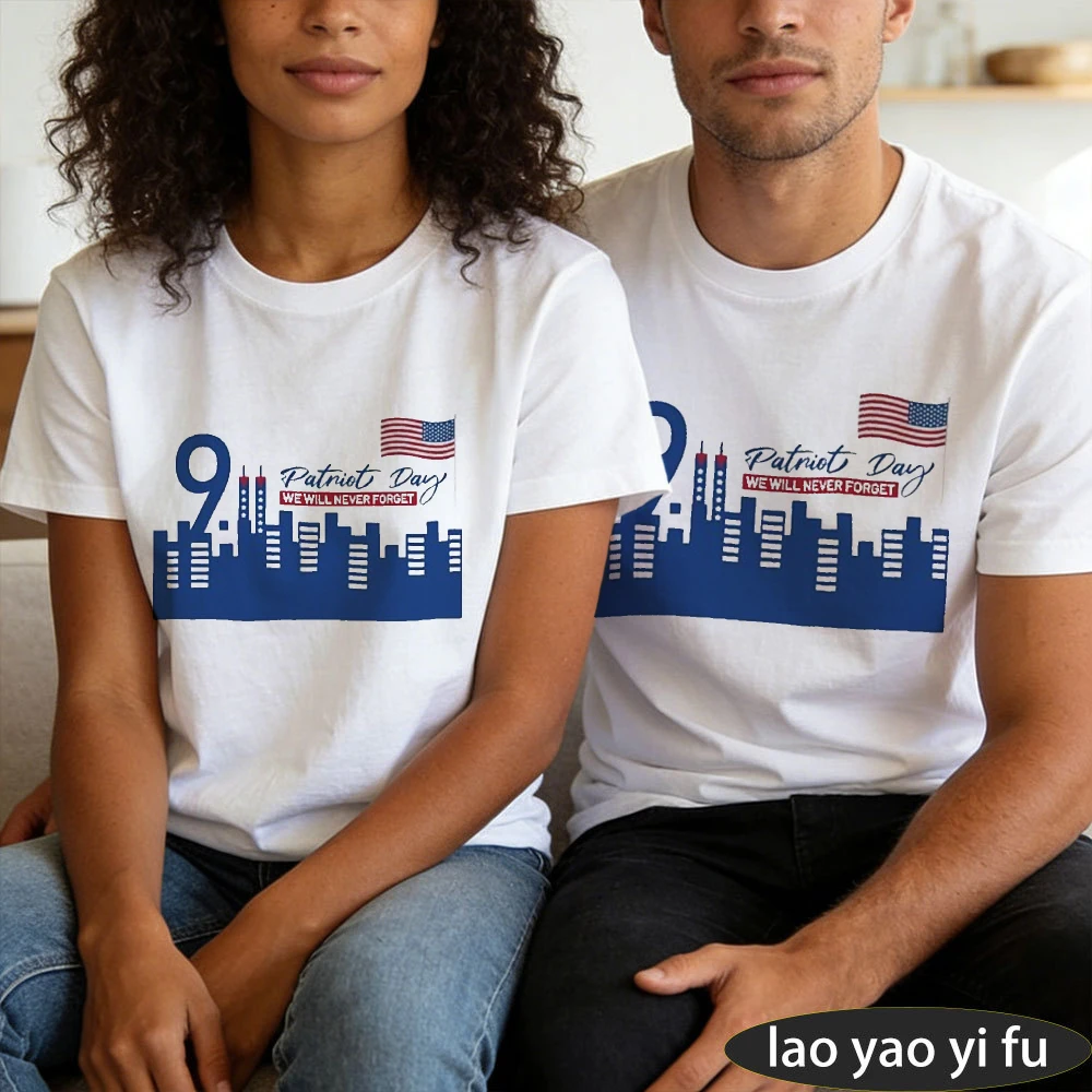Patriot Day We Will Never Forget 9.11 City Skyline Mini Flag Graphic Print Men Cotton T Shirt Memorial Casual Street Tees Tops - view 4