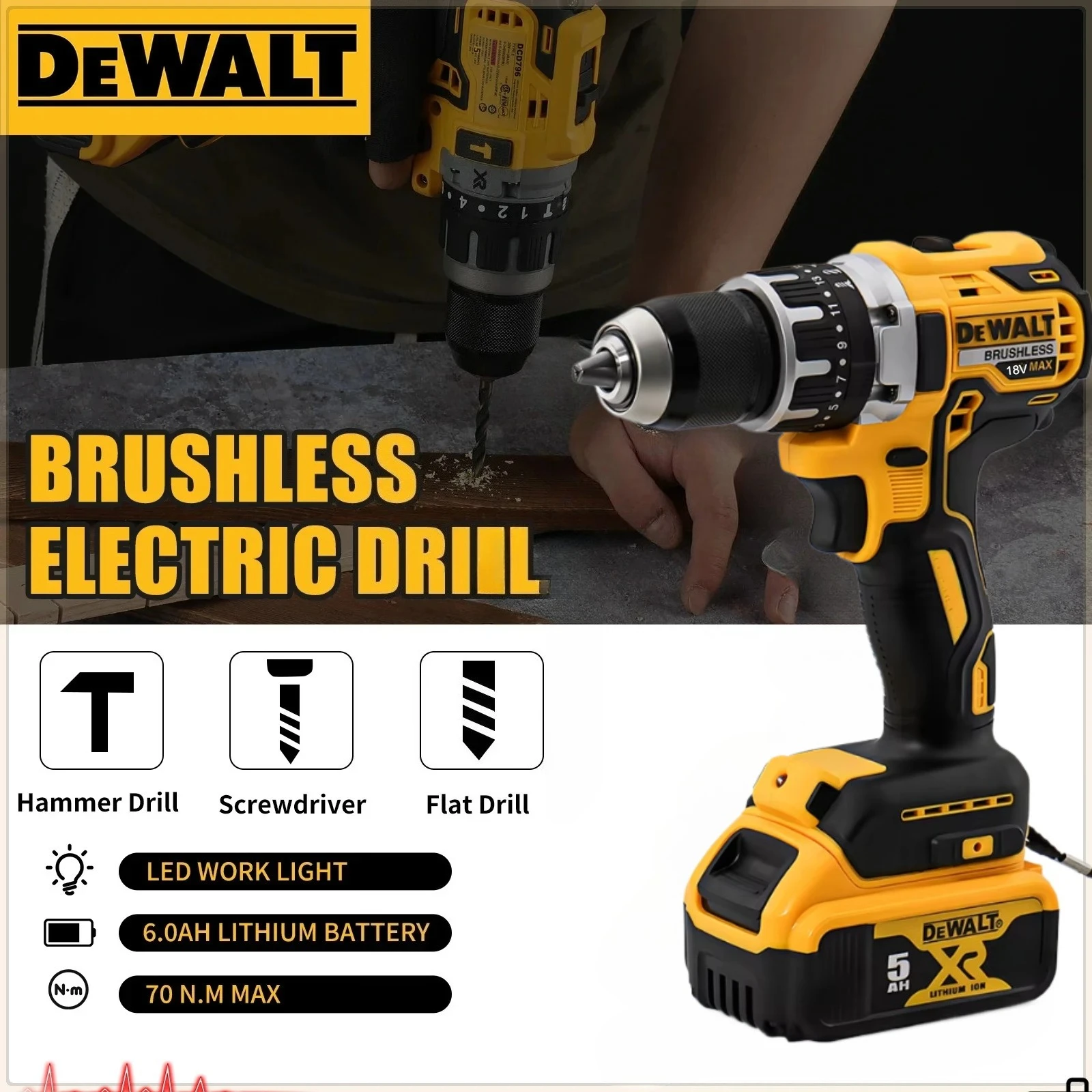 

Аккумуляторная ударная дрель-шуруповерт Dewalt DCD796 бесщеточная, многофункциональная, 18В/20В, электроинструмент