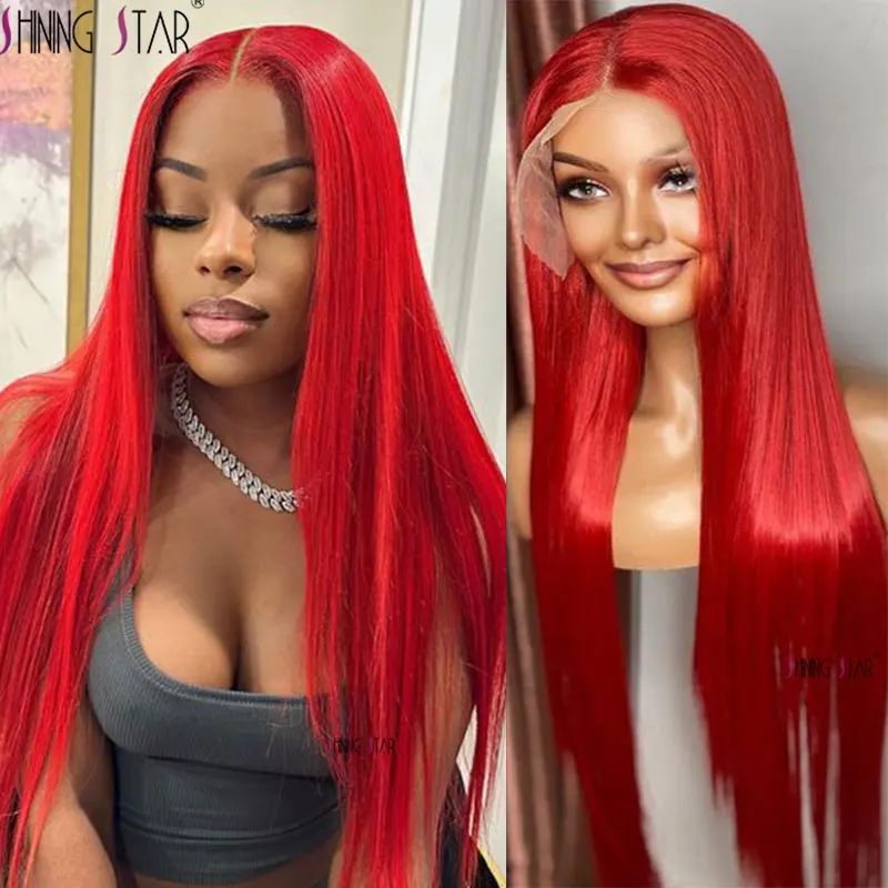 

Hot Red Straight Lace Front Wig Brazilian Red 99J Hd 13X4 Lace Frontal Human Hair Wig For Women Remy Lace Front Wig Pre Plucked