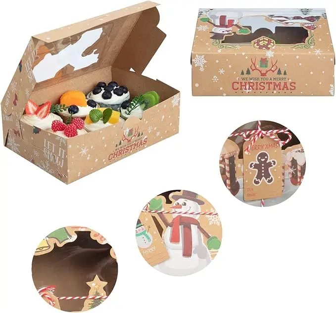 24Pcs Christmas Cookie Box with Window Food Grade Kraft Paper Baking Box with Christmas Design for Cakes Large Size Bakery Boxes