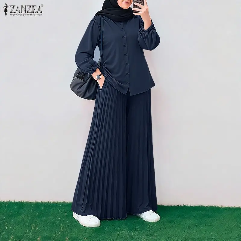 

2026 ZANZEA Muslim Hijab Tracksuit Ramadan Outfits Women Pant Sets Long Sleeve Tops Wide Leg Trousers Elegant Solid OL Work Suit