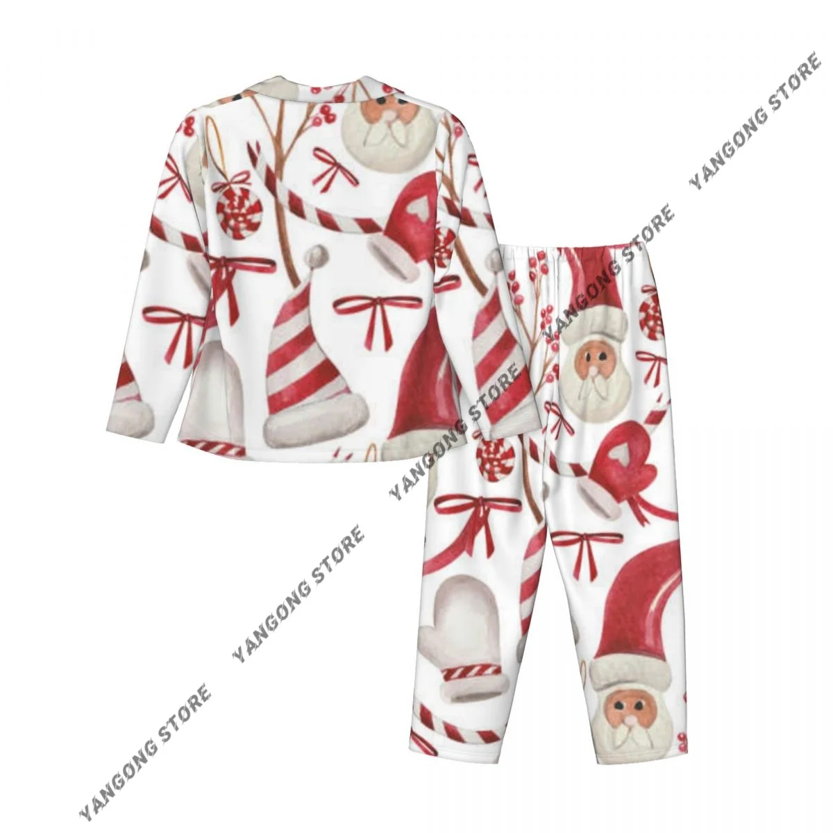 ملابس نوم نسائية ملابس نوم لحلوى عيد الميلاد وقفازات وأشرطة وأكمام طويلة ورقبة على شكل طية صدر السترة ومجموعة بيجامات بخصر مطاطي #4