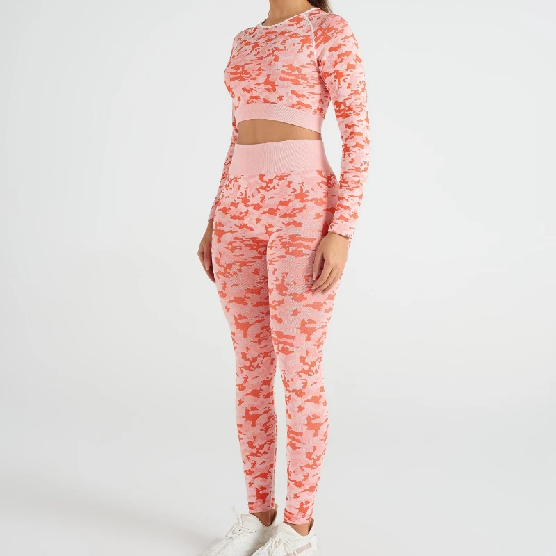 

Women's Yoge Long Sleeve Sexy Camouflage Jacquard Fitness Suit Running Sport Suit Seamless Peach Hip Yoga Suit Set Two-piece Set