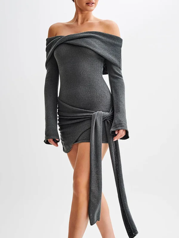 

Женское платье Long Sve с открытыми плечами, плиссированное платье с завязками на шее, повседневное, H-образное, из полиэфирного волокна, неэластичное миди Dr