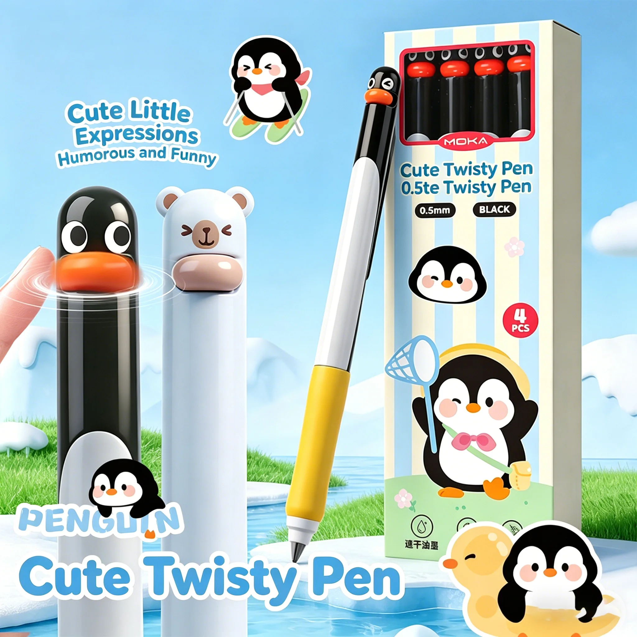 Paquete de 4 Bolígrafos de Gel Giratorios con Diseño de Pingüino, 0.5 mm, Tinta Negra de Secado Rápido, Bolígrafo de Presión, Bolígrafo para Exámenes, Material Escolar y de Oficina