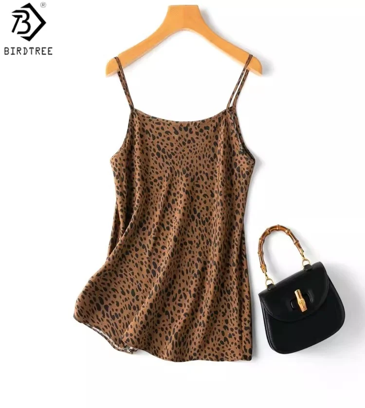 

Birdtree 93% Mulberry Silk 7% Spandex Bias-cut Vest,Women Leopard Print Sleeveless Shirt,2025 Autumn Sexy Sling Tops T59619JF