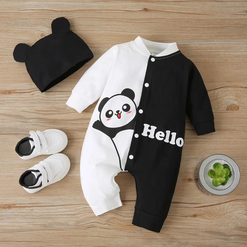 Baby Boy Clothes Spring Fall 2 Pcs Cotton Cute Cartoon Panda Letter Patchwork Single Breasted Long Sleeve Baby Romper+hat 0-18M