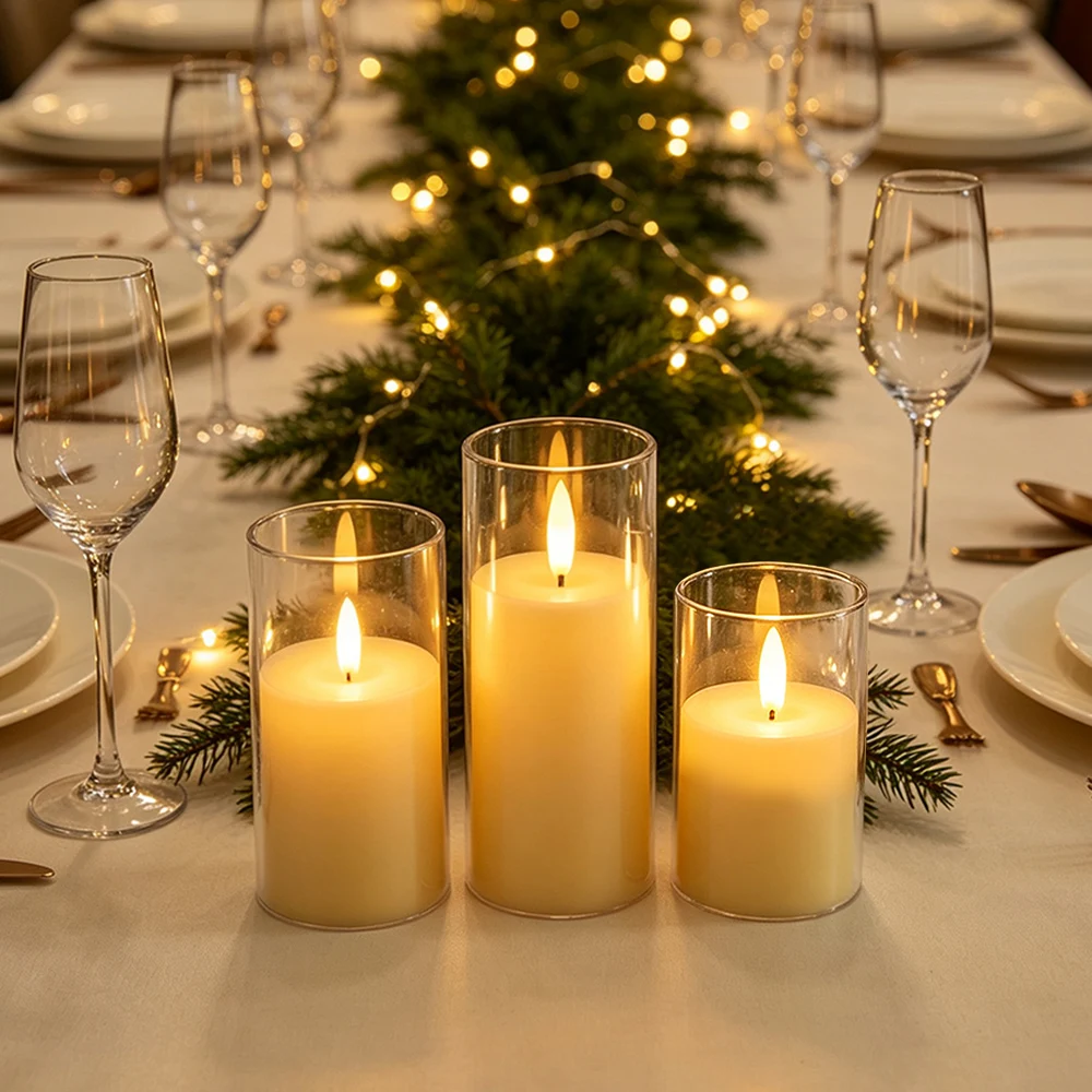 3pcs/ set LED Flameless Flickering Candles, Simulated Glass Candle Holder Light for Christmas Romantic Party Wedding Decoration