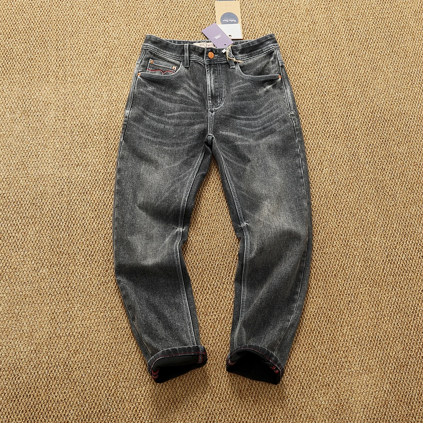 

American Vintage Casual Stretch Washed Cotton Slim Tapered Straight Leg Pants for Men - Classic Fitted Black Gray Denim Jeans