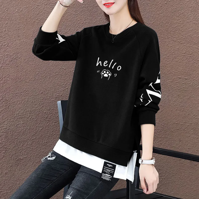 Felpa con cappuccio in due pezzi finto da donna 2024 Autunno Nuovo Thiened Fce Allentato Lungo Sve Tuta sportiva rotonda Ne Commute Sle Jaet