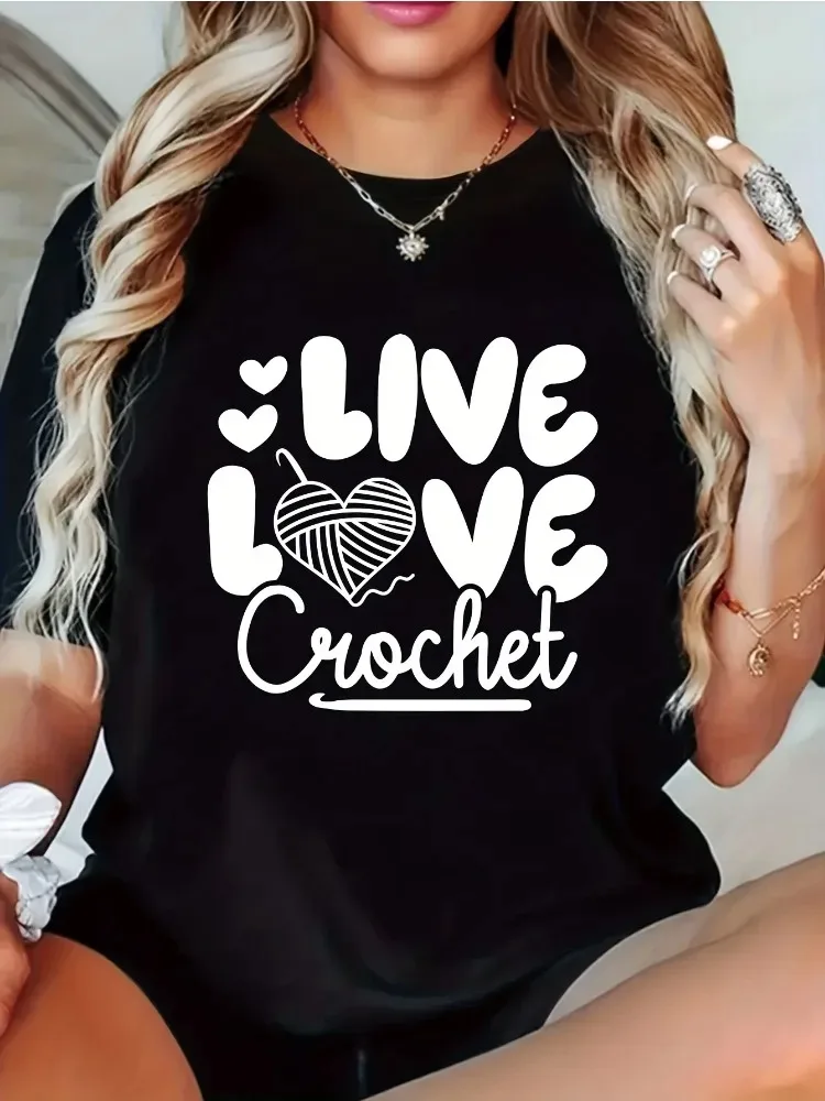 Women's Patterned T-Shirt LIVE LOVE Crochet Print with Heart Design Casual Short-Sleeve Top Crew Neck Everyday Wear