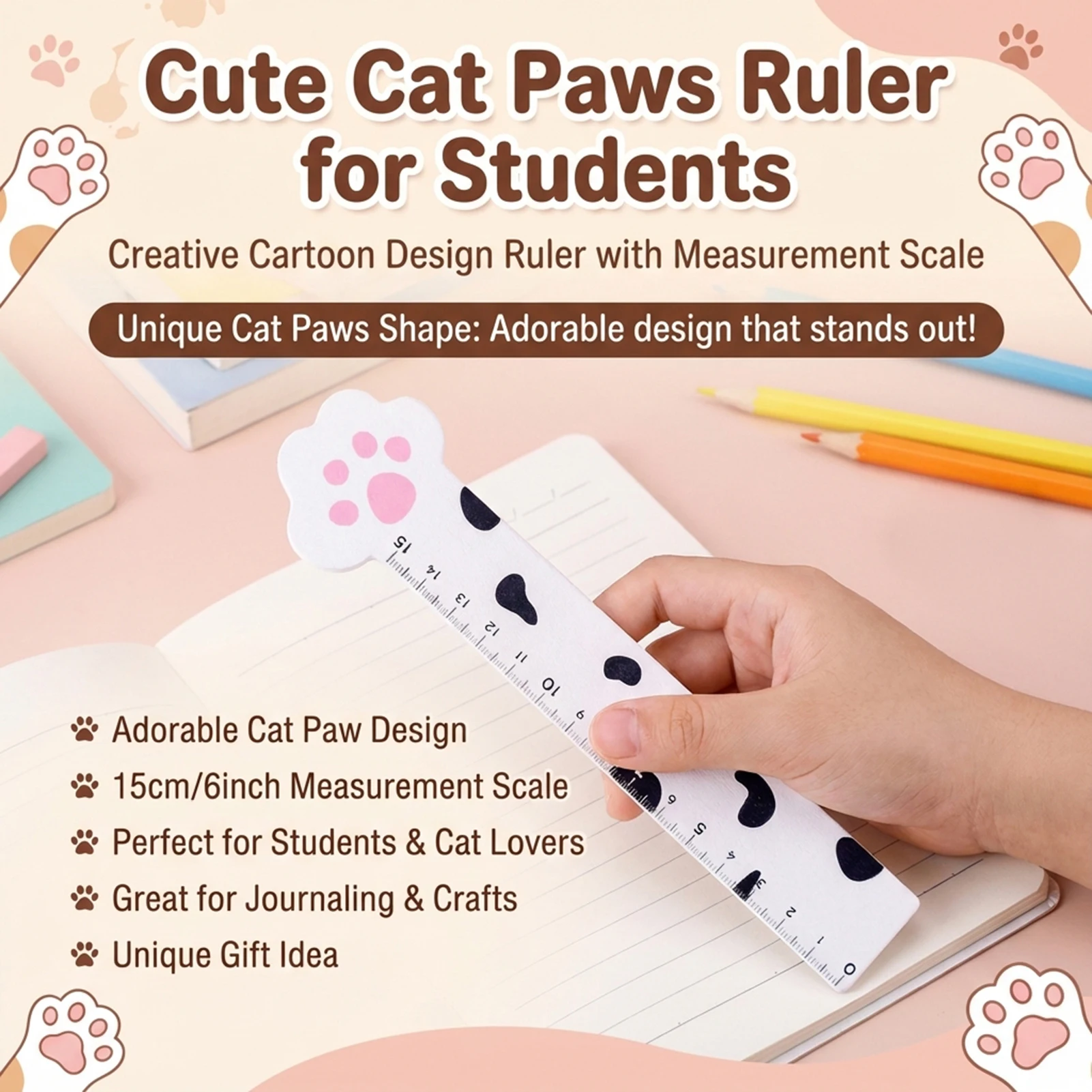 Wooden Ruler Precise Measurement Ruler for School Students Cute Cat Paw Stationery Creative Drawing Tool Durable 15cm