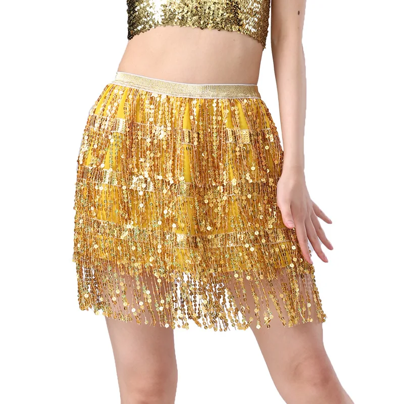 กระโปรงเต้นรำสำหรับผู้หญิง ดีไซน์หรูหรา สไตล์ละติน เต้นระบำหน้าท้อง ประดับเลื่อมและพู่ห้อย กระโปรงทรงเข้ารูป ช่วยให้ดูผอมเพรียว ชุดเต้นรำอินเดีย สำหรับการแสดงบนเวที