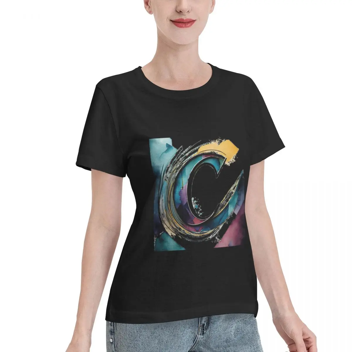 Top Rated Alphabet Artistic Painting Letter C Women's T-shirt Spring Outfit Classic Solid Tee