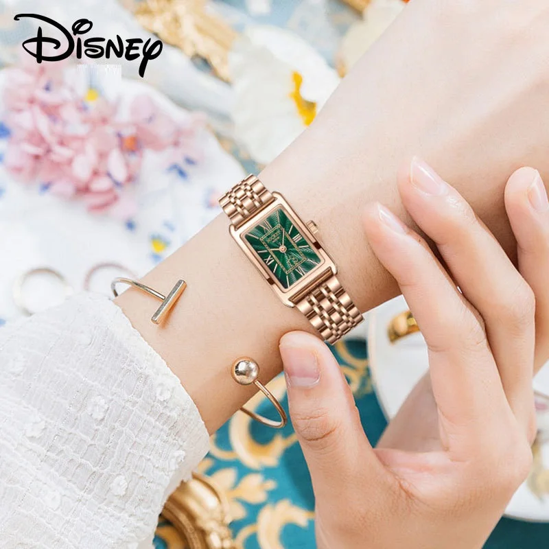 Disney For Woman Watch Quartz Wristwatch Retro Rectangle Square Green Dial Mickey Mouse Lady Girl Dress 2024 New Zegarek Damski