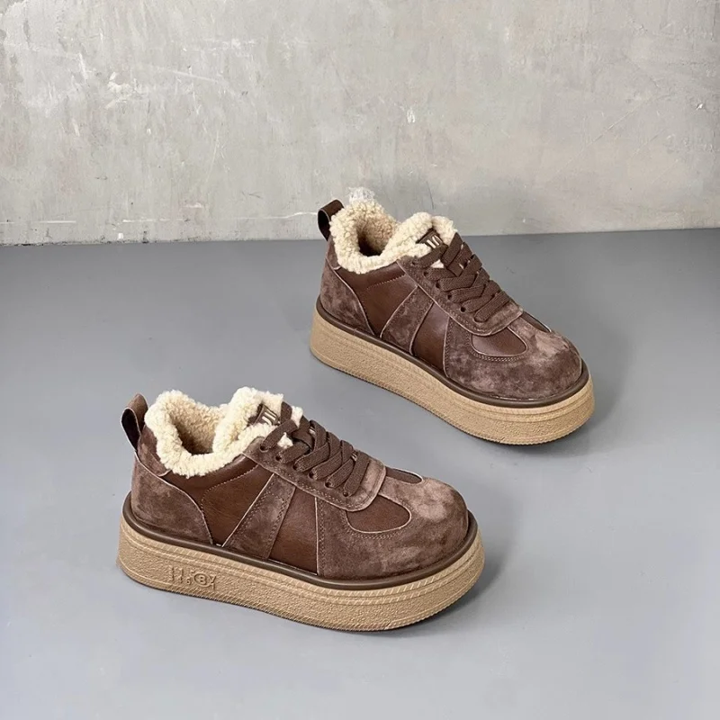 

Женские зимние кроссовки 2025 года, туфли на платформе в стиле ретро на флисовой подкладке, удобная повседневная обувь на утолщенной подошве, кроссовки в немецком стиле