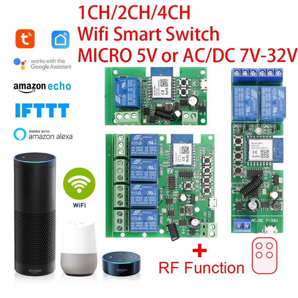 Tuya Wireless WiFi Relay Module AC/DC 7-32V 1/2/4 Channel Smart Life APP Remote Control Switch Smart Home Automation Module