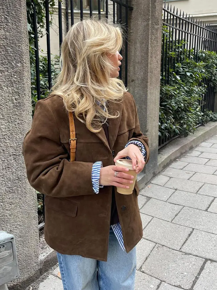 Casual Brown Lapel Suede Jacket Women Fashion Single Button Long Sleeve Short Coat 2024 New Lady Autumn Street Outwear