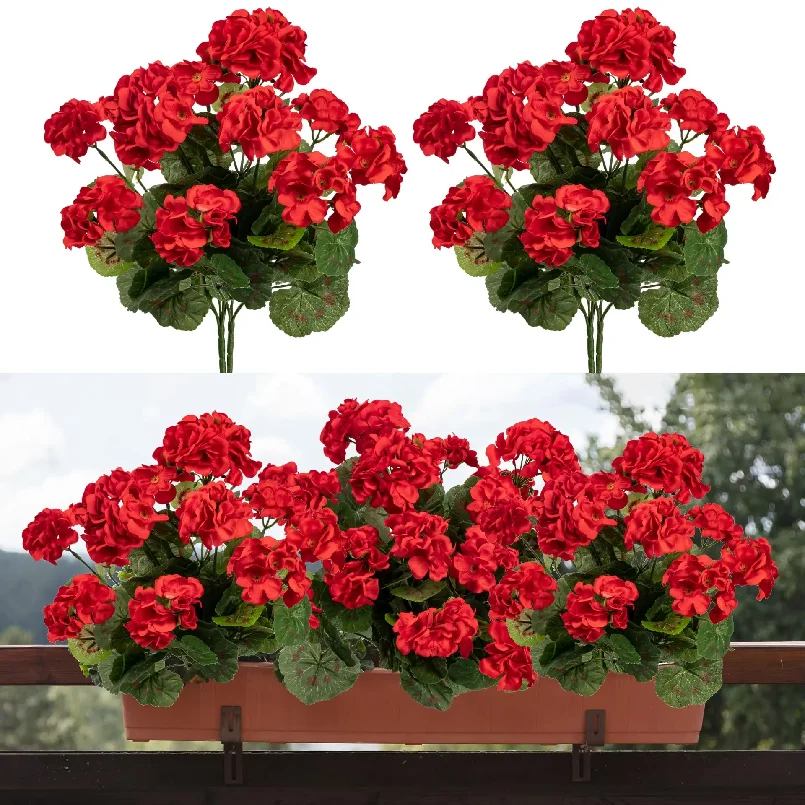 2 Piezas de Flores Artificiales de Geranio, Resistentes a los Rayos UV, Flores de Seda Sintética para Macetas, Decoración de Jardín, Patio, Hogar y Mesa