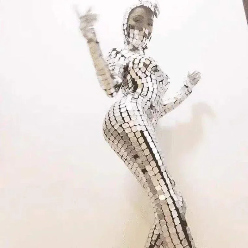 Costume serpent miroir argenté pour femmes, Costume élastique pour spectacle sur scène, accessoires de danse mécanique, spectacle réfléchissant miroir