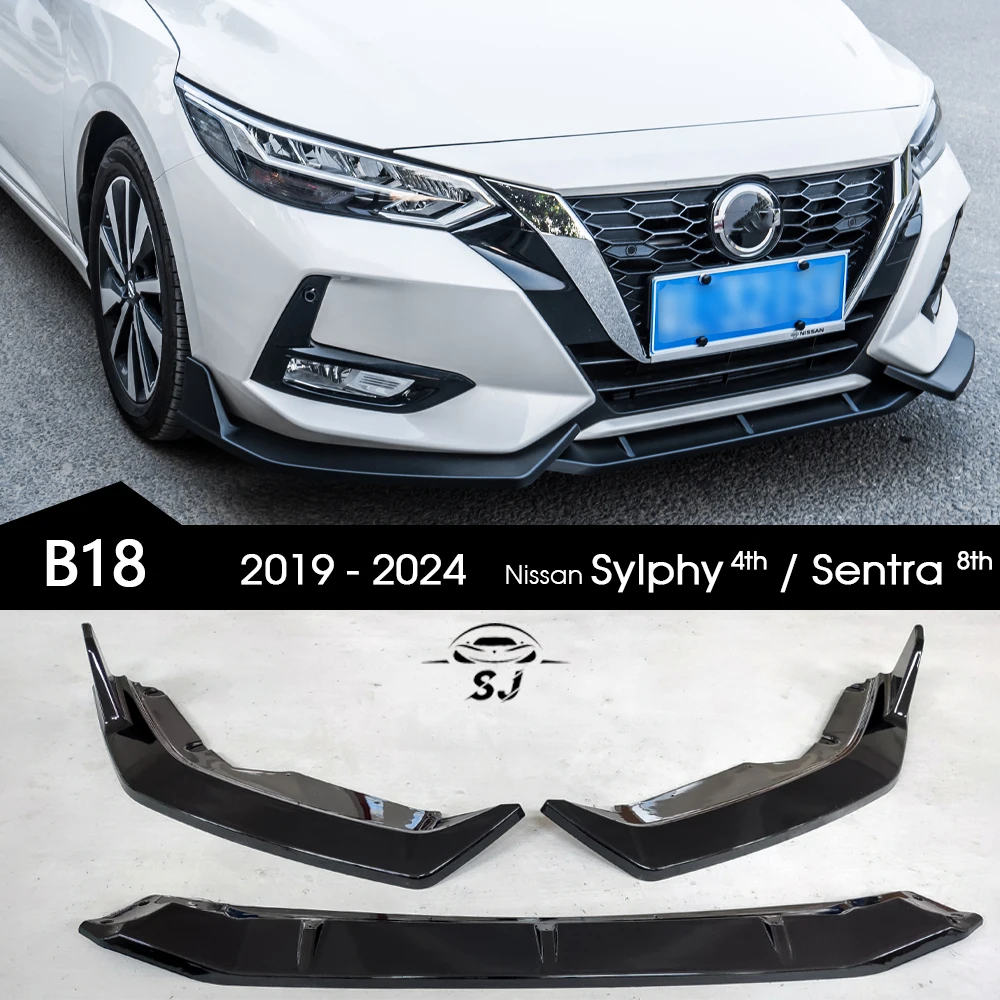 3PCS Gloss Black & Carbon Fiber Printing Front Bumper Lip Spoiler for Nissan Sylphy IV 4th & Sentra VIII 8th B18 2019 - 2024