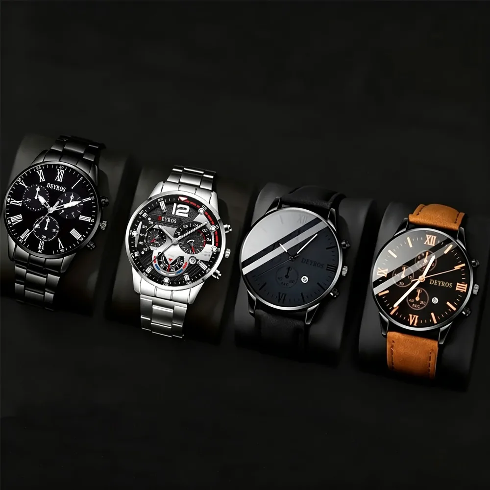 4pcs Men'S Stylish PU Leather And Stainless Steel Quartz Watch Set, Casual Style, Features Date And Multiple Time Zones