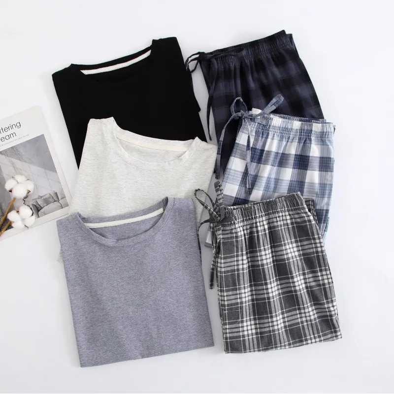 

Мужские весенне-летние новые хлопковые креповые пижамы, комплекты одежды из двух предметов, тонкие свободные спортивные домашние костюмы большого размера, одежда для сна