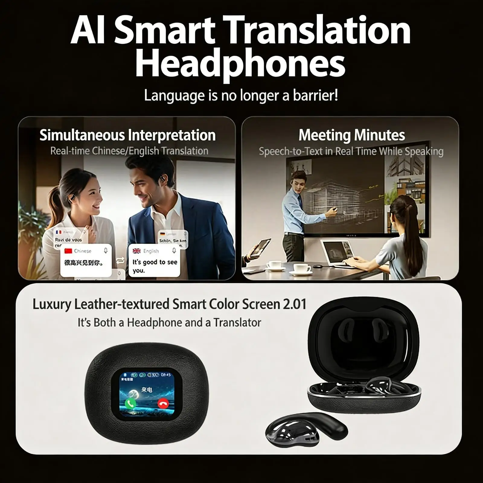 

AI Real-time Translation Wireless Bluetooth Earphones Full-color LCD touchscreen Long Battery Life For Music Business Office