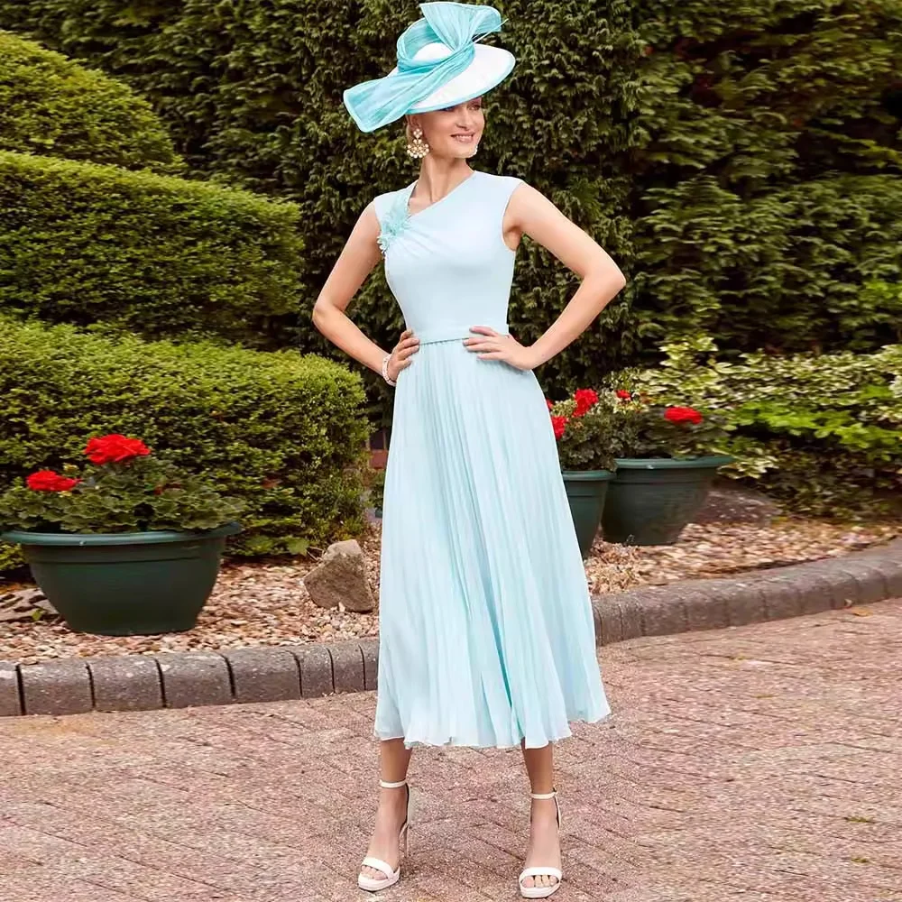 

Индивидуальные классические платья для матери невесты из креповой ткани, коктейльное платье А-силуэта, небесно-голубое, с V-образным вырезом, аппликациями, жемчугом и драпировкой, для гостей