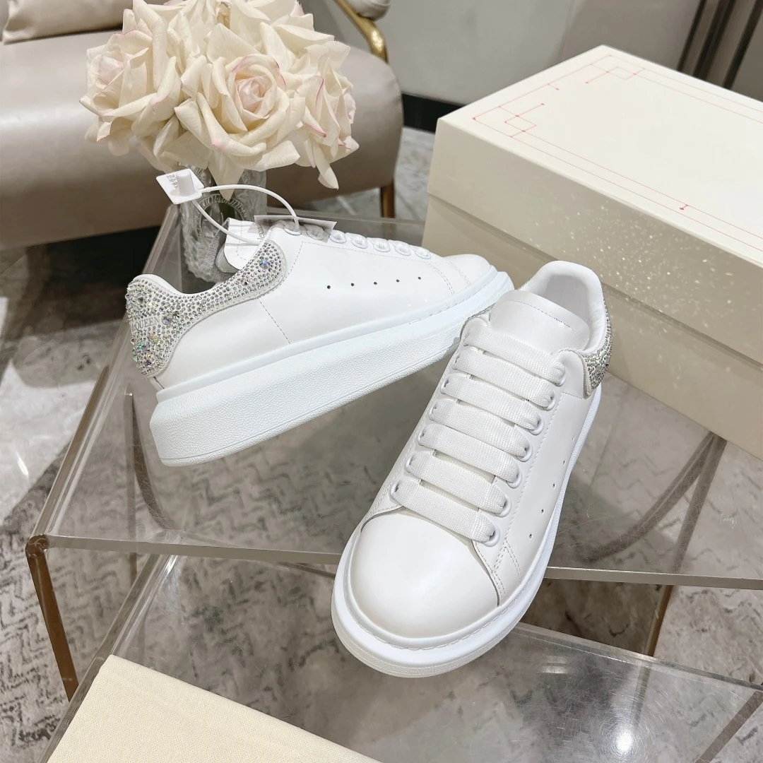Brand on Sale Women's Platform White Sneakers Genuine Leather Sneakers Skate Shoes Non-slip Wear-resistant with Rhinestones