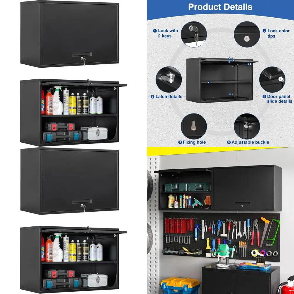 

Secure 2-Shelf Metal Storage Cabinet with Lift-Up Door for Garage, Kitchen or Workshop (Black, 21.6''H)