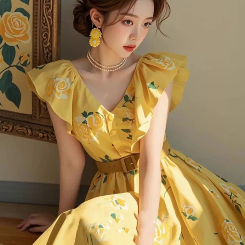 Summer New Robe Women Fashion Loose Slash Neck Bubble Sleeve Elastic Waist Fragmented Flower Slim Breathable Long Dresses
