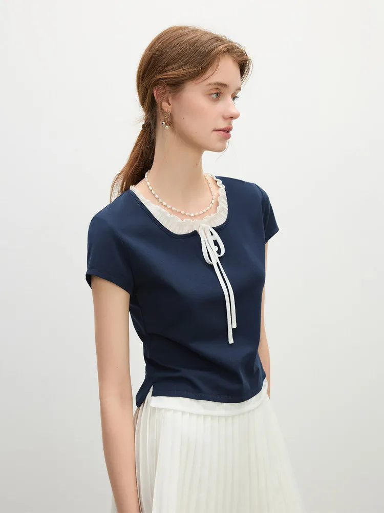 

Sweet Korean Style Short Sleeve T-Shirt Women's Summer New Style Fake Two-Piece Cotton round Neck Cute Style Fashionable
