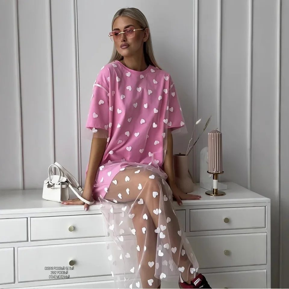 

2025 New Fashionable And Elegant Dress Sexy Women's Love Mesh Splicing Casual Loose Basic Round Neck Short-sleeved Dress Robe