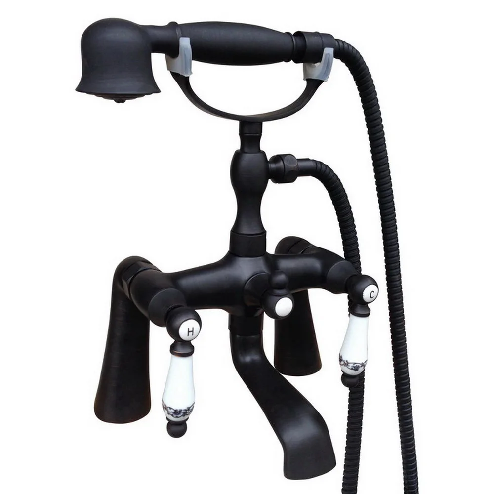 

Black Oil Rubbed Brass Bathroom Clawfoot Bath Tub Faucet Mixer Tap Ceramic Handle Hand Shower Head Ntf507