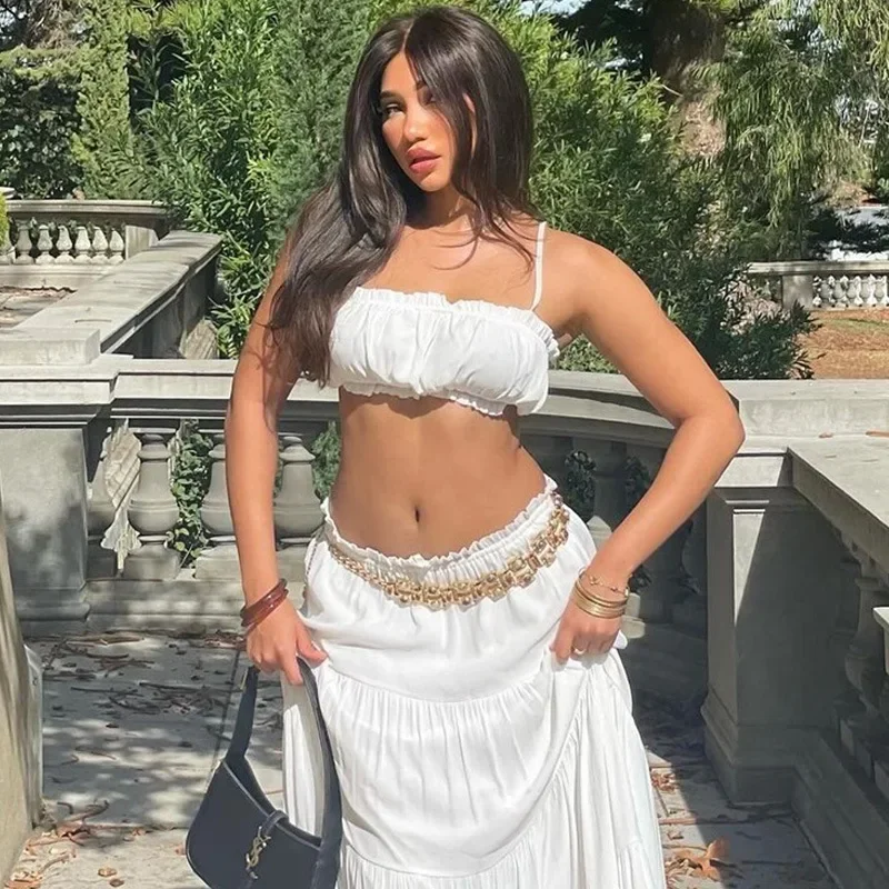 Pleated Halter Top 2 Piece Sexy Sleeveless Backless Plunge Set Casual Beach Holiday Female Long Halter Skirt 2 Pieces