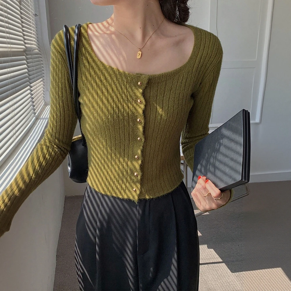 

Женский повседневный кардиган с круглым вырезом и открытым передом, трикотаж с длинными рукавами, прямая трубка без украшения