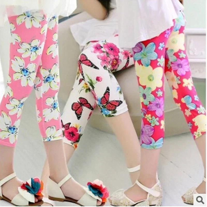 2024 Kids Girls Leggings Spring Summer Flower Printed Children Trousers Girl Casual Skinny Pants Cute Toddler Leggings