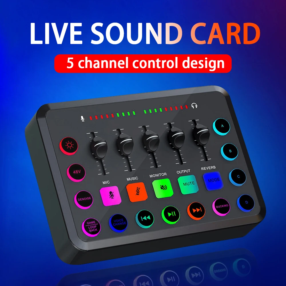 5-Channel Mixer Sound Card Audio Mixer Gaming Audio Mixer Streaming with XLR Microphone for Game Voice Podcast Live Streaming